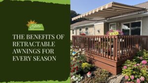 An outdoor retractable awning on rights with blog title on left.